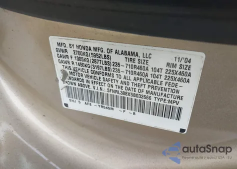 2005 Honda Odyssey Touring z USA, uszkodzony, nr VIN 5FNRL388X5B032666